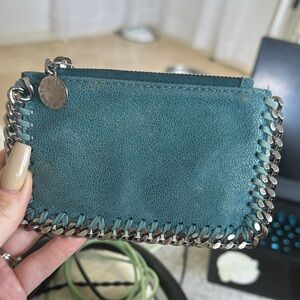 Stella McCartney Teal Leather Card Holder with Chain Trim
